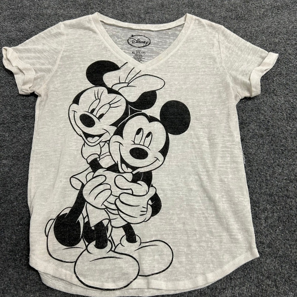 Disney T-Shirt Womens Size XL White Mickey Minnie Mouse Graphic V-Neck Burnout